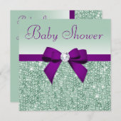 Imitate Mint Sequins Lila Bow Baby Dusche Einladung (Vorne/Hinten)