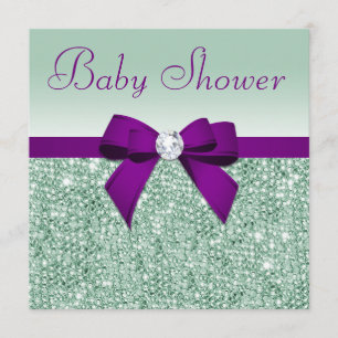 Imitate Mint Sequins Lila Bow Baby Dusche Einladung