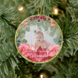 Imitate mit Blumenkranz, Glitzer-Poinsettia-Rose Keramik Ornament