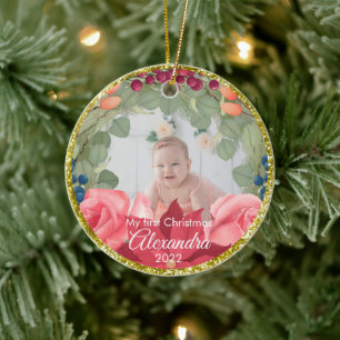 Imitate mit Blumenkranz, Glitzer-Poinsettia-Rose Keramik Ornament