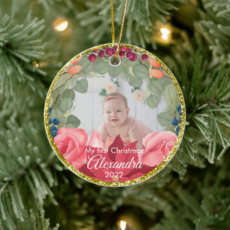 Imitate mit Blumenkranz, Glitzer-Poinsettia-Rose Keramik Ornament