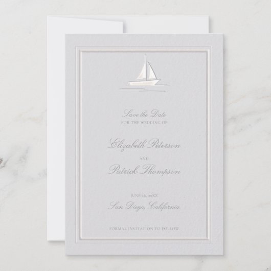 Imitate mit Embossed Frame Boat Coastal feierliche Save The Date (Vorderseite)
