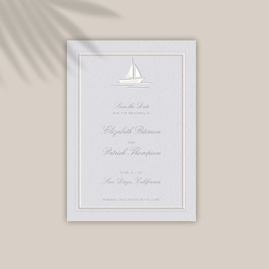 Imitate mit Embossed Frame Boat Coastal feierliche Save The Date