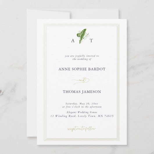 Imitate mit Embossed Frame Lily Valley Monogramme Einladung (Vorderseite)