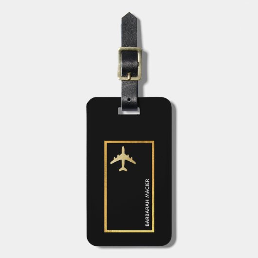 Imitate mit Goldflugzeug für Reisen in Schwarz Gepäckanhänger (Vorderseite vertikal)