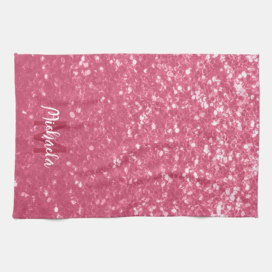 Imitate mit hellrosa Rose Glitzer Monogram Geschirrtuch (Horizontal)