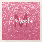 Imitate mit hellrosa Rose Glitzer Monogram Glasuntersetzer (Vorderseite)
