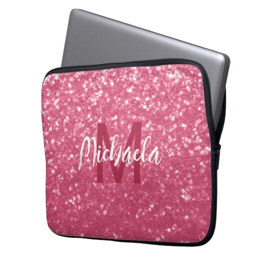 Imitate mit hellrosa Rose Glitzer Monogram Laptopschutzhülle (Vorderseite Links)