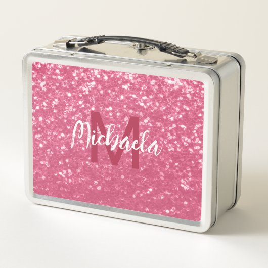 Imitate mit hellrosa Rose Glitzer Monogram Metall Brotdose (Rückseite)