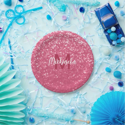 Imitate mit hellrosa Rose Glitzer Monogram Pappteller (Party)