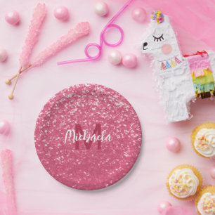 Imitate mit hellrosa Rose Glitzer Monogram Pappteller