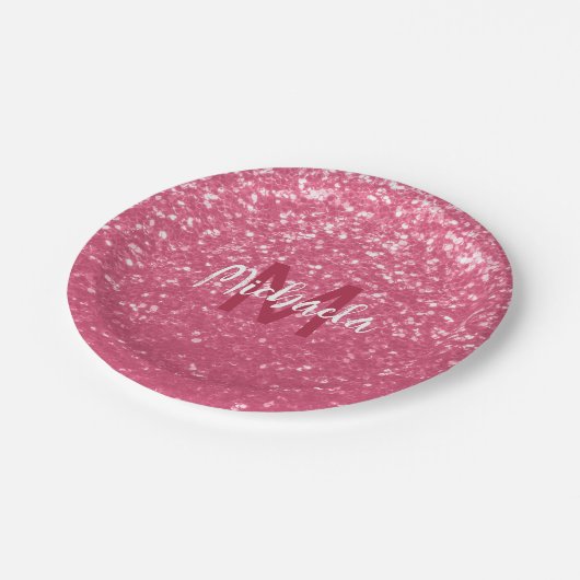 Imitate mit hellrosa Rose Glitzer Monogram Pappteller (Schrägansicht)