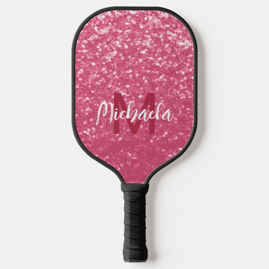 Imitate mit hellrosa Rose Glitzer Monogram Pickleball Schläger (Vorderseite)