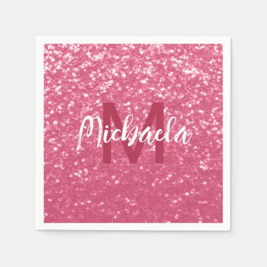 Imitate mit hellrosa Rose Glitzer Monogram Serviette (Vorderseite)