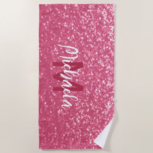 Imitate mit hellrosa Rose Glitzer Monogram Strandtuch (Vorderseite)