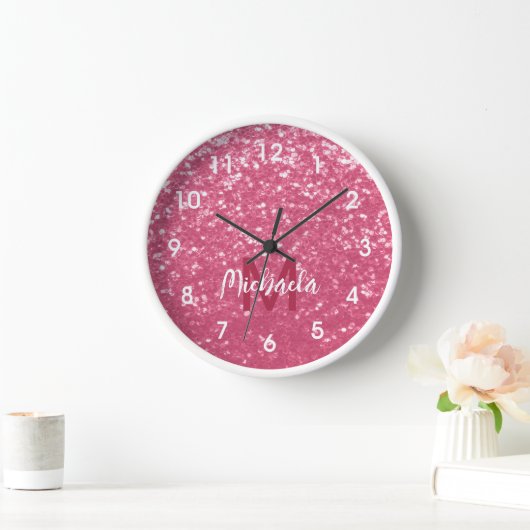 Imitate mit hellrosa Rose Glitzer Monogram Uhr (Zuhause)