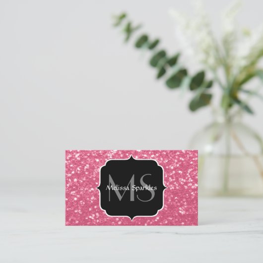 Imitate mit hellrosa Rose Glitzer Monogram Visitenkarte (Stehend Vorderseite)