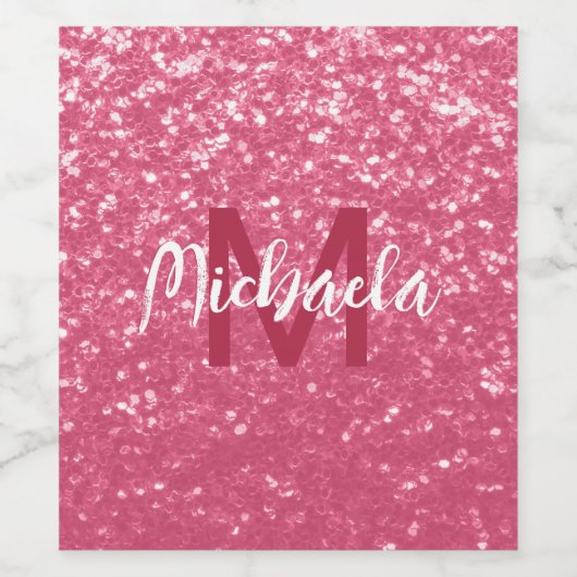 Imitate mit hellrosa Rose Glitzer Monogram Weinetikett (Einzelnes Label)