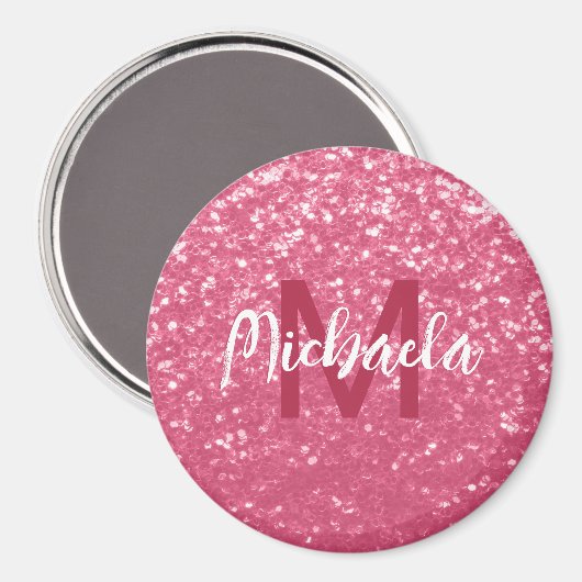 Imitate mit hellrosa rote Rose Glitzer Monogram Magnet (Vorderseite/Rückseite)