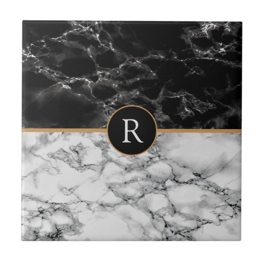 Imitate Monogram Trendy Schwarz-weiß Marble Fliese (Vorderseite)