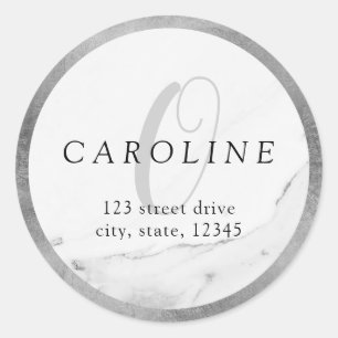 Imitate Monogramm-Rücksendeadresse aus Silbermarmo Runder Aufkleber
