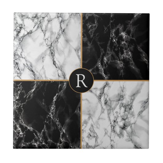 Imitate Monogramm Schwarz-weißer Karo Marmor Fliese (Vorderseite)