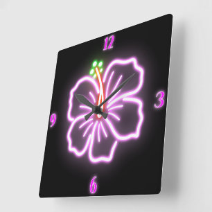Imitate Neon Hibisken Wall Clock Quadratische Wanduhr