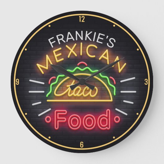 Imitate Neon Mexican Food Taco Personalisiert Dine Große Wanduhr (Vorderseite)