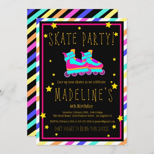 Imitate Neon Roller Skate Chalkboard Rainbow Gebur Einladung (Vorne/Hinten)