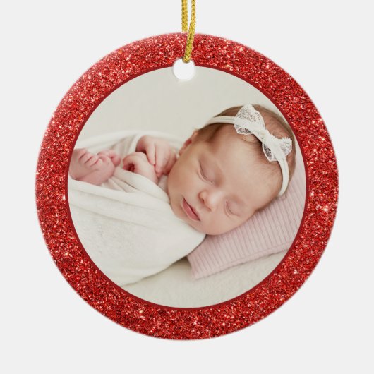 Imitate Red Glitzer Baby First Christmas Foto Keramik Ornament (Vorne)