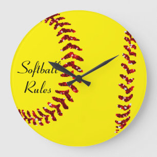 Imitate Red Glitzer Softball Stitches Große Wanduhr