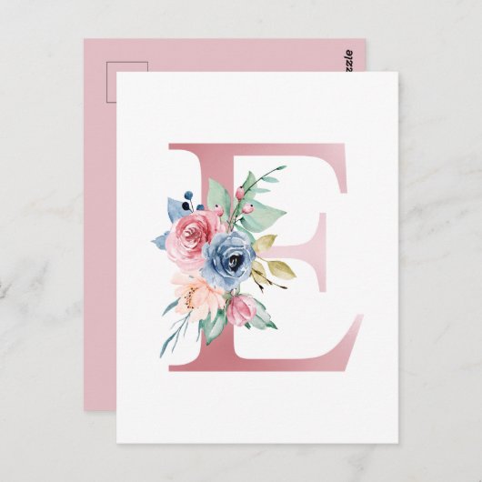 Imitate Rosa Folie Letter E Blush Floral Monogramm Postkarte (Vorne/Hinten)