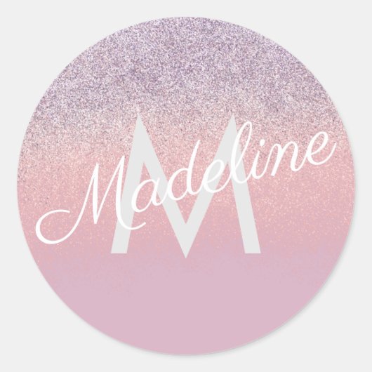 Imitate Rosa und Lila Funkelnd Glitzer Mit Monogra Runder Aufkleber (Vorderseite)