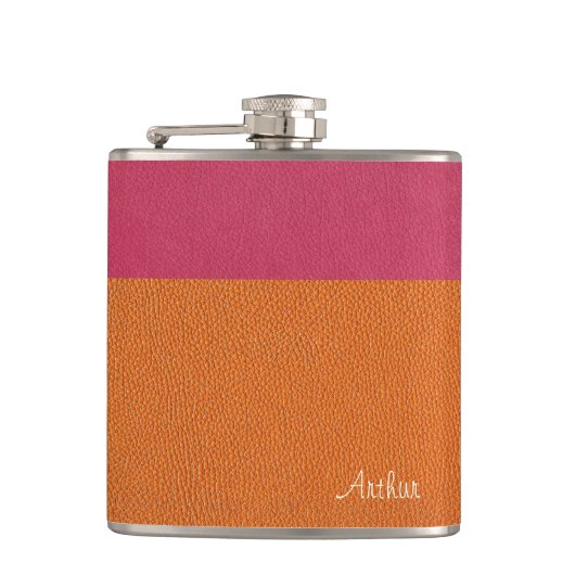 Imitate Rosa und orangefarbenes Leder Flachmann (Vorderseite)