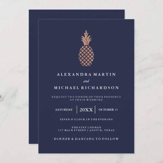 Imitate Rose Gold Ananas auf Midnight Blue Wedding Einladung (Vorne/Hinten)