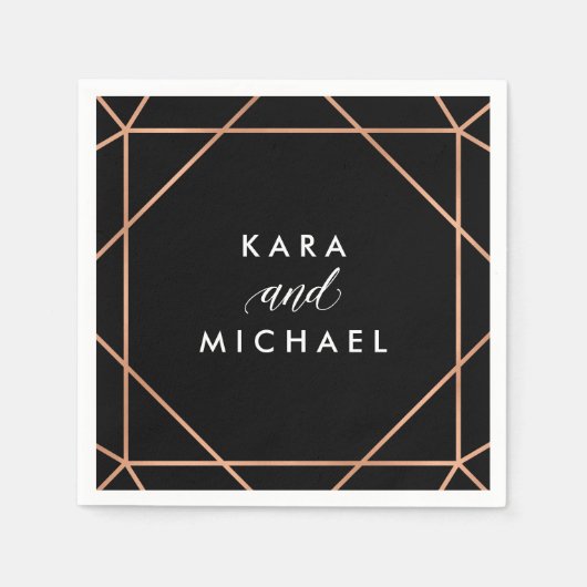 Imitate Rose Gold auf Black Modern Geometric Weddi Serviette (Vorderseite)