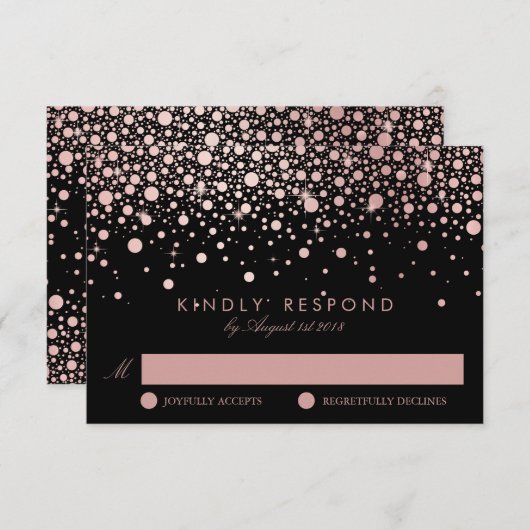 Imitate Rose Gold Confetti Dots Black Wedding RSVP (Vorne/Hinten)