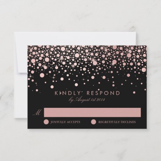 Imitate Rose Gold Confetti Dots Black Wedding RSVP Karte (Vorderseite)