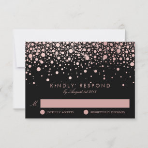 Imitate Rose Gold Confetti Dots Black Wedding RSVP Karte