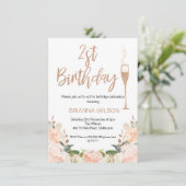 Imitate Rose Gold Floral 21. Geburtstag Einladung (Stehend Vorderseite)