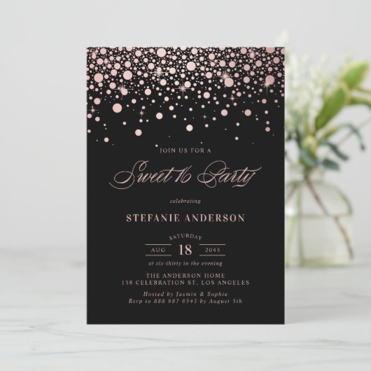 Imitate Rose Gold Foil Confetti Black Sweet 16 Par Einladung (Stehend Vorderseite)