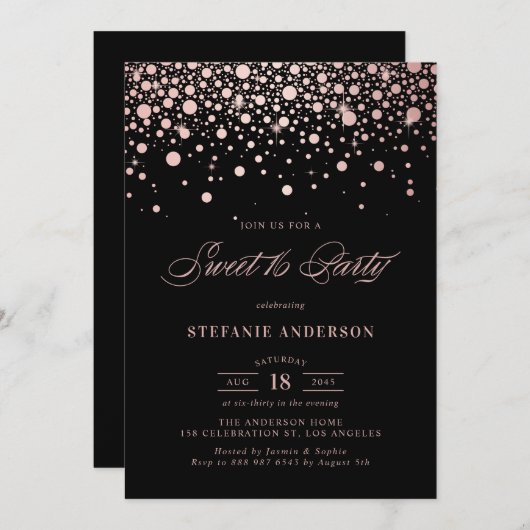 Imitate Rose Gold Foil Confetti Black Sweet 16 Par Einladung (Vorne/Hinten)