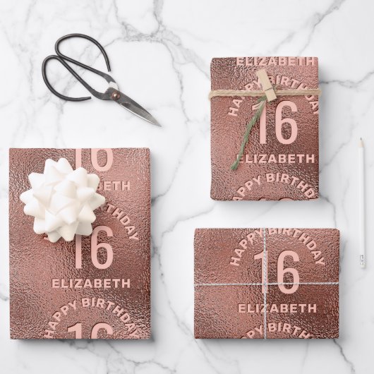 Imitate Rose Gold Foil Texture Happy Birthday & Ag Geschenkpapier Set (Vorderseite)