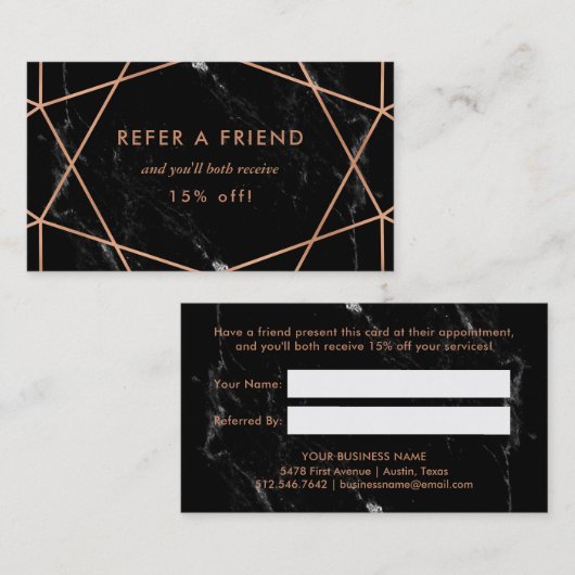 Imitate Rose Gold Geometric auf Schwarzen Marmor Empfehlungskarte (Vorne/Hinten)