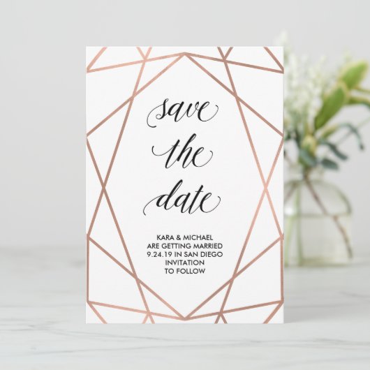 Imitate Rose Gold Geometrie auf Weiß | Save The Da Save The Date (Stehend Vorderseite)