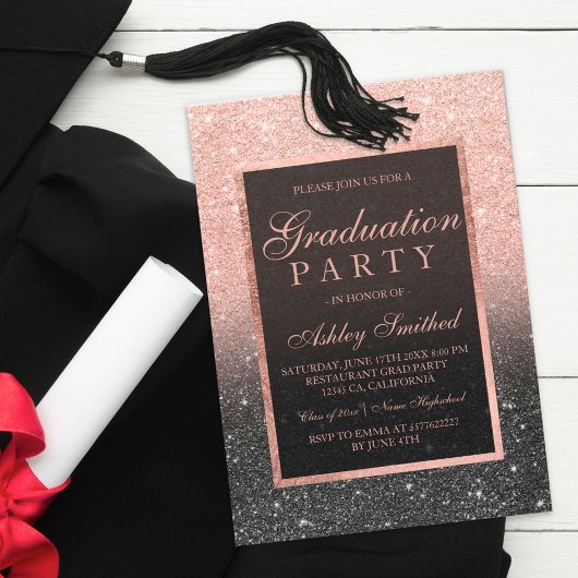 Imitate Rose Gold Glitzer Black Graduation Party Einladung