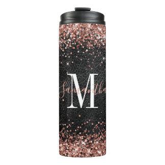 Imitate Rose Gold Glitzer Black Leather Monogram Thermosbecher