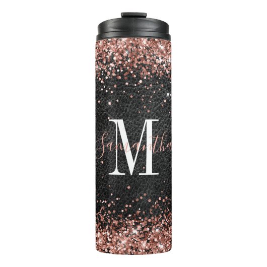 Imitate Rose Gold Glitzer Black Leather Monogram Thermosbecher (Vorderseite)