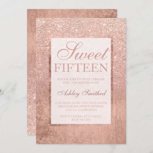 Imitate Rose Gold Glitzer Blatt elegante Sweet 15 Einladung (Vorne/Hinten)