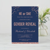 Imitate Rose Gold Glitzer Blue Gender Reveal Party Einladung (Stehend Vorderseite)